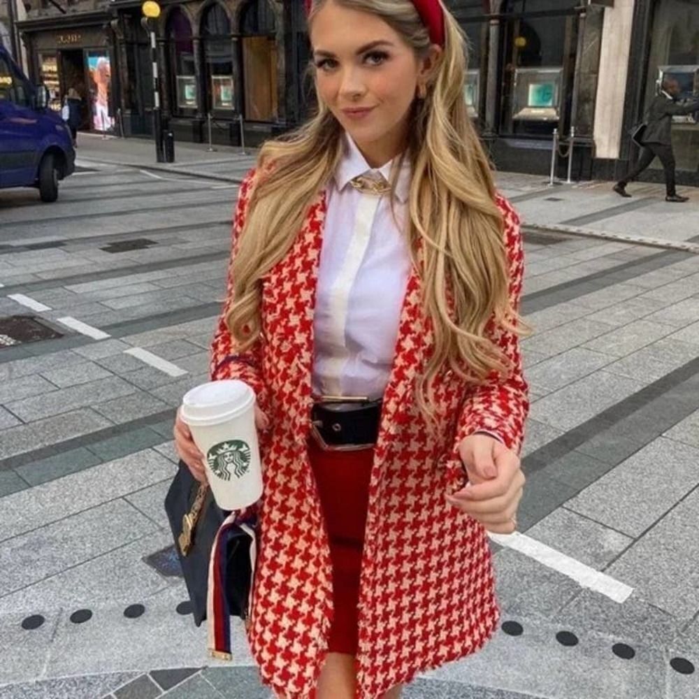 ZARA Houndstooth Textured Tweed Double Breasted Coat New Bloggers Emily in Paris